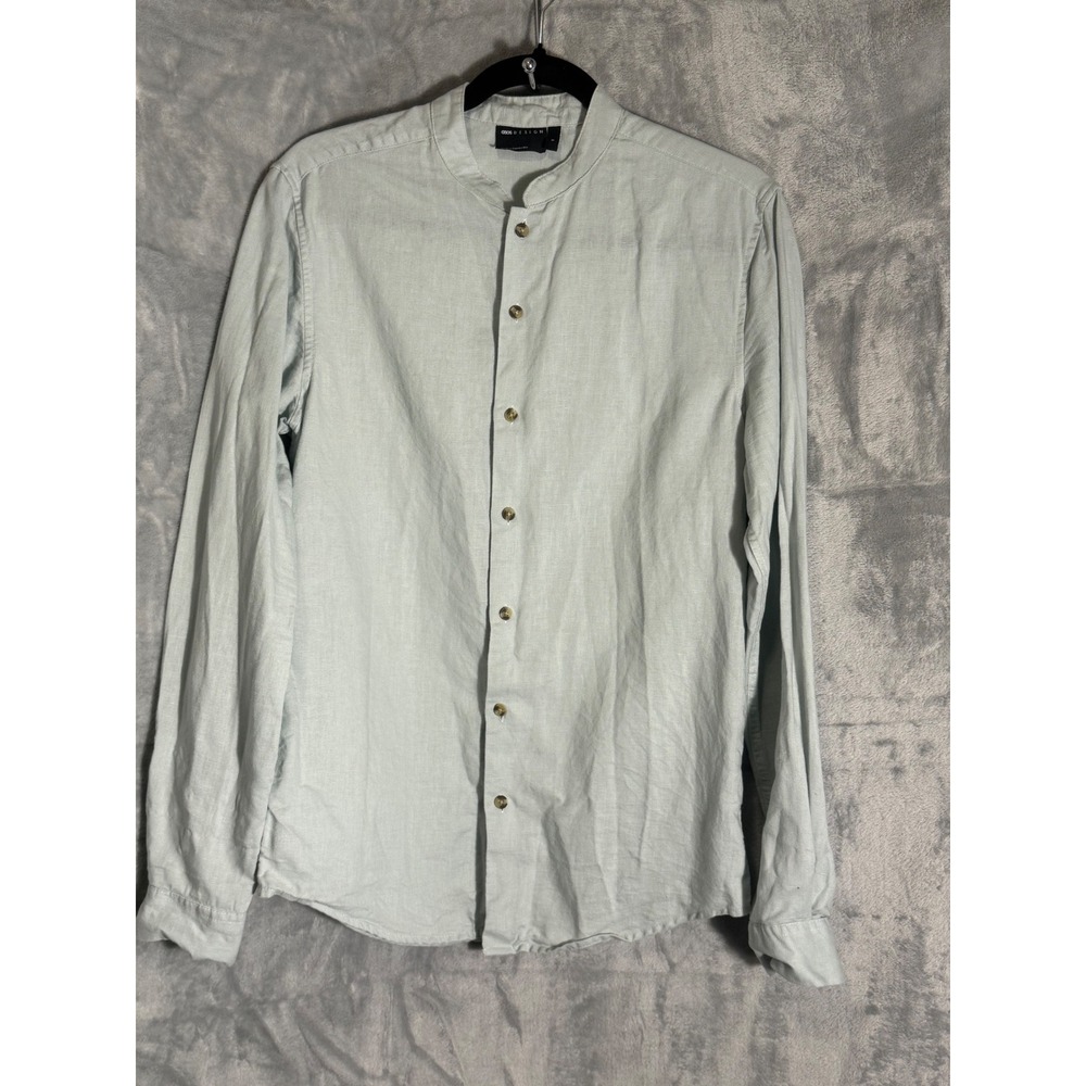 ASOS DESIGN Linen Blend Mandarin Collar Shirt Light Green Small F100867